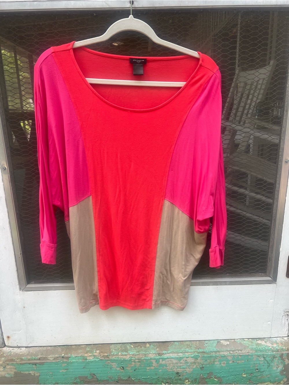 Ann Taylor Colorblock Long Sleeve Top — Red, Pink & Tan